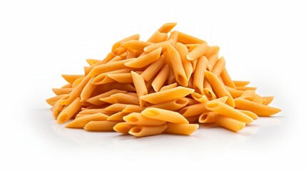 Wall Mural - A heap of penne pasta captured in a close-up realistic photo against a white background Generative AI