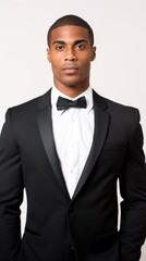 Poster - Stock image of a male model in elegant evening wear against a plain white background Generative AI