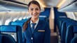 © ETAJOE - Smiling female flight attendant in uniform in aircraft cabin, Air hostess friendly airline employee, pleasant service for airline passengers, Cabin Crew