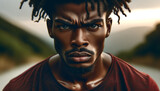 Fototapeta  - Un hombre afroamericano o americano con una expresión seria y decidida con una mirada profunda de actitud determinada y gran determinación