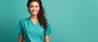 beautiful woman wearing medical scrubs, isolated on Green background. Place holder, copy space banner for medical and beauty industry
