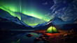 Solitary tent in vast wilderness, under aurora's sway—nature's canvas alights, whispers solitude and celestial joy