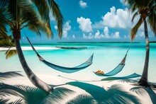 An Idyllic Scene Of A Hammock Swaying Between Two Palm Trees On A Secluded Sandbar, Surrounded By The Endless Expanse Of The Aquamarine Ocean.