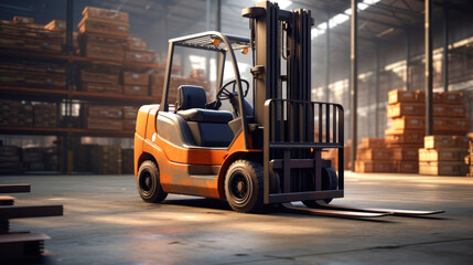 Wall Mural - Product warehouse with forklift in a factory. Cargo warehousing. Special equipment for cargo.