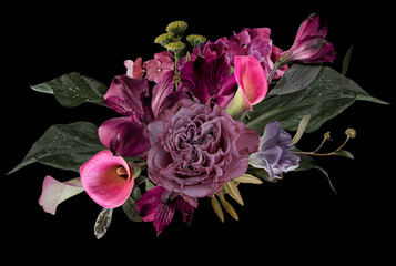  Bouquet of flowers isolated on black background. Design floral arrangements for textile, greeting card, invitations, logo