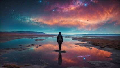 Wall Mural - In a mesmerizingly ethereal composition, a digitalized unearthly galactic nomad wanders through the vast expanse of a surreal cosmic landscape.