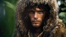 A Hunter Wearing Animal Fur Garments, His Intense Gaze Mirroring The Dense Foliage Of A Primeval Rainforest.