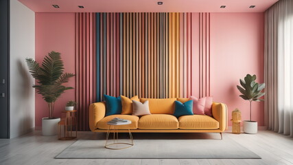 Wall Mural - Colorful stripes panel on the stucco wall and pink sofa