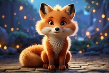 A Fluffy, Lovable Baby Fox With Big, Round Eyes, Bokeh Background