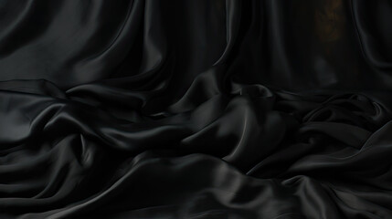 Wall Mural - Abstract black background. black fabric texture background.  black silk satin. Curtain. Luxury background for design. Shiny fabric. Wavy folds.	