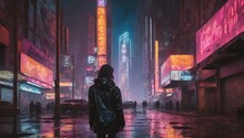 In The Neon-noir Zenithal Cyberpunk Street Scene, The Viewer Is Transported To A Captivating World Of Vibrant Yet Deteriorated Cityscape.