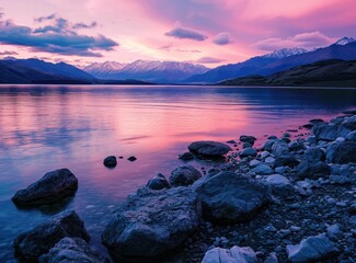 Poster - Serene lake at sunset with vibrant pink and purple sky reflecting on water, surrounded by mountains and pebbled shore.