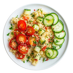 Wall Mural - A plate of quinoa salad with sliced cucumber and cherry tomatoes top view isolated on a transparent background 
