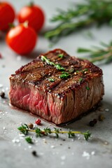 Fried steak with spices and green sprigs of rosemary on gray background. Food photography