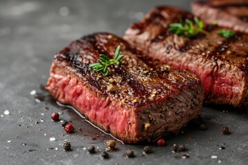 Fried steak with spices and green sprigs of rosemary on gray background. Food photography