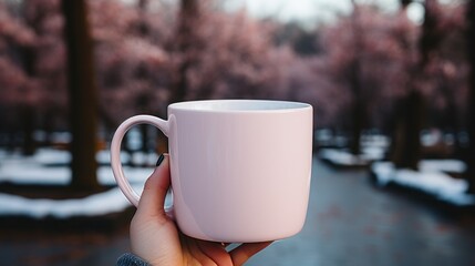 A person holding a blank white mug with a pink handle warm pine forest background