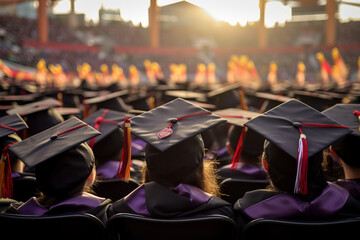 A diverse group of university graduates in gowns and caps celebrating academic success with joy. Rear view capturing a proud moment enhanced by AI generative technology.
