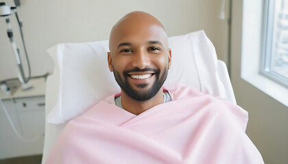 Wall Mural - High-angle man with cancer and light pink cloth Front view smiley woman portrait in hospital bed. Ai Generative