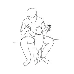 Wall Mural - Continuous single line sketch drawing of father dad teaching child to walk and playing. One line art of love parenting family concept vector illustration