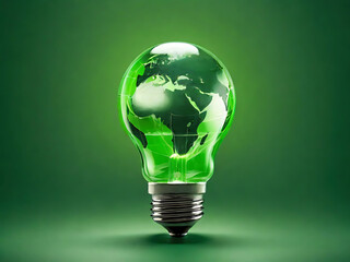 Renewable Energy.Environmental protection, renewable, sustainable energy sources. Green world map on the light bulb on green background .green energy.