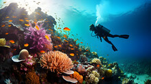 Scuba Diving In Tropical Sea Coral Reef