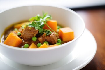  close-up of beef stew with carrots and peas in white bowl