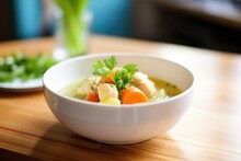 Bowl Of Chicken And Dumplings With Parsley Garnish
