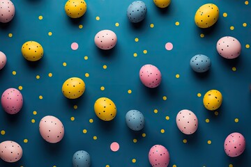 Wall Mural - Colorful easter eggs with simple pattern on blue background. Happy Easter concept. Simple spring pattern for greeting card, banner, poster. Top view, flat lay