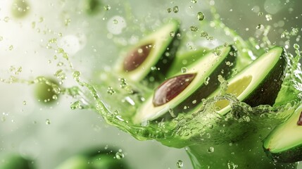 Fresh Avocado Halves Splashing in Water with Dynamic Droplets