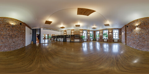 Sticker - empty large room for sports or yoga for rest and relaxation in loft style with red brick walls in full seamless spherical hdri 360 panorama in equirectangular spherical projection