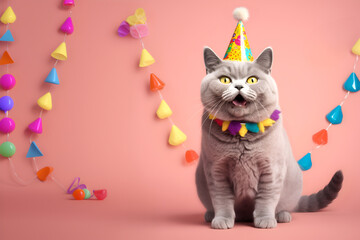 Creative animal concept. British shorthair cat kitten in party cone hat necklace bowtie outfit isolated on solid pastel background advertisement, copy text space. birthday party invite invitation	
