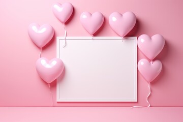 Wall Mural - Balloons with pink hearts and blank paper. Generative Ai.