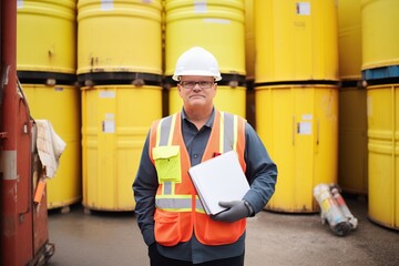 Canvas Print - safety inspector with clipboard near hazardous waste bins