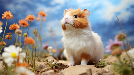  Hamster on the background of flowers on blue background.