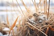 muskrat nest by frosted river reeds