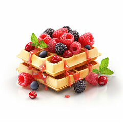 Belgian waffles with fresh berries and syrup isolated on white background