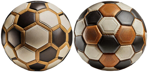 Wall Mural - Close-up of two old brown,white and black soccer balls, isolated on white or transparent background. Png. Generative Ai.