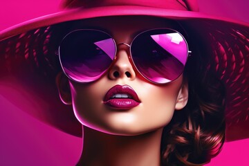 Elegant lady in wide brimmed hat with pink lips makeup on purple background. Young and beautiful woman is ready for vacation or party. Retro fashion concept. Banner with copy space