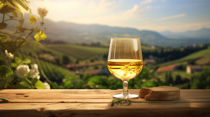  Glass of white wine on a barrel in the countryside.