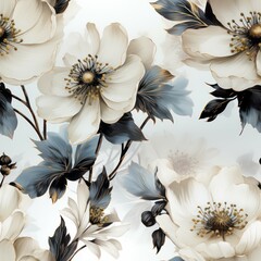 Seamless watercolor decorative white and black flowers pattern background