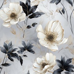 Wall Mural - Seamless watercolor decorative white and black flowers pattern background