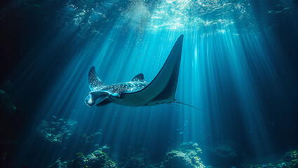 Wall Mural - A manta ray swimming underwater in the ocean