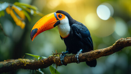 Toucan tropical bird sitting on a tree branch in forest
