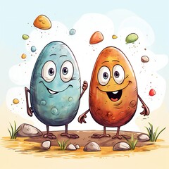 Poster - Funny happy Easter eggs cartoons for kids book illustration, on white background Generative AI
