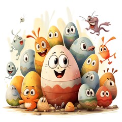 Sticker - Funny happy Easter eggs cartoons for kids book illustration, on white background Generative AI