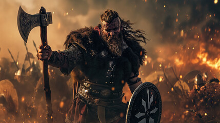 Epic Norse Warrior: A Cinematic Battle Scene with a Viking Berserker Charging into Chaos, Axe Raised High