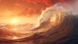 Fototapeta Niebo - Beautiful sunrise over the sea and breaking ocean waves