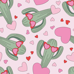 Sticker - Howdy love cactus in heart shape shades with hands up vector seamless pattern. Saint Valentines Day romantic wild west background.