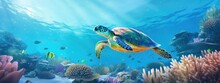 A Sea Turtle In A Beautiful Blue Ocean  With Fishes, Seaweed And Corals. Turquoise Water Color. Background Wallpaper
