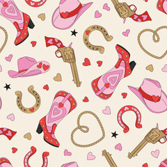 Wall Mural - Howdy Valentine cowgirl cowboy accessories hat boots gun horseshoe heart shape lasso vector seamless pattern. Wild West Saint Valentines Day romantic love background.